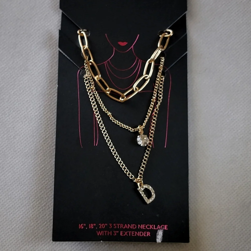 3 Strand Letter D Rhinestone Initial Necklace